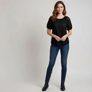 🖤 J.Crew Eyelet Bubble Sleeve Top • Size 8 • Black Organic Reimagined Cotton ✨